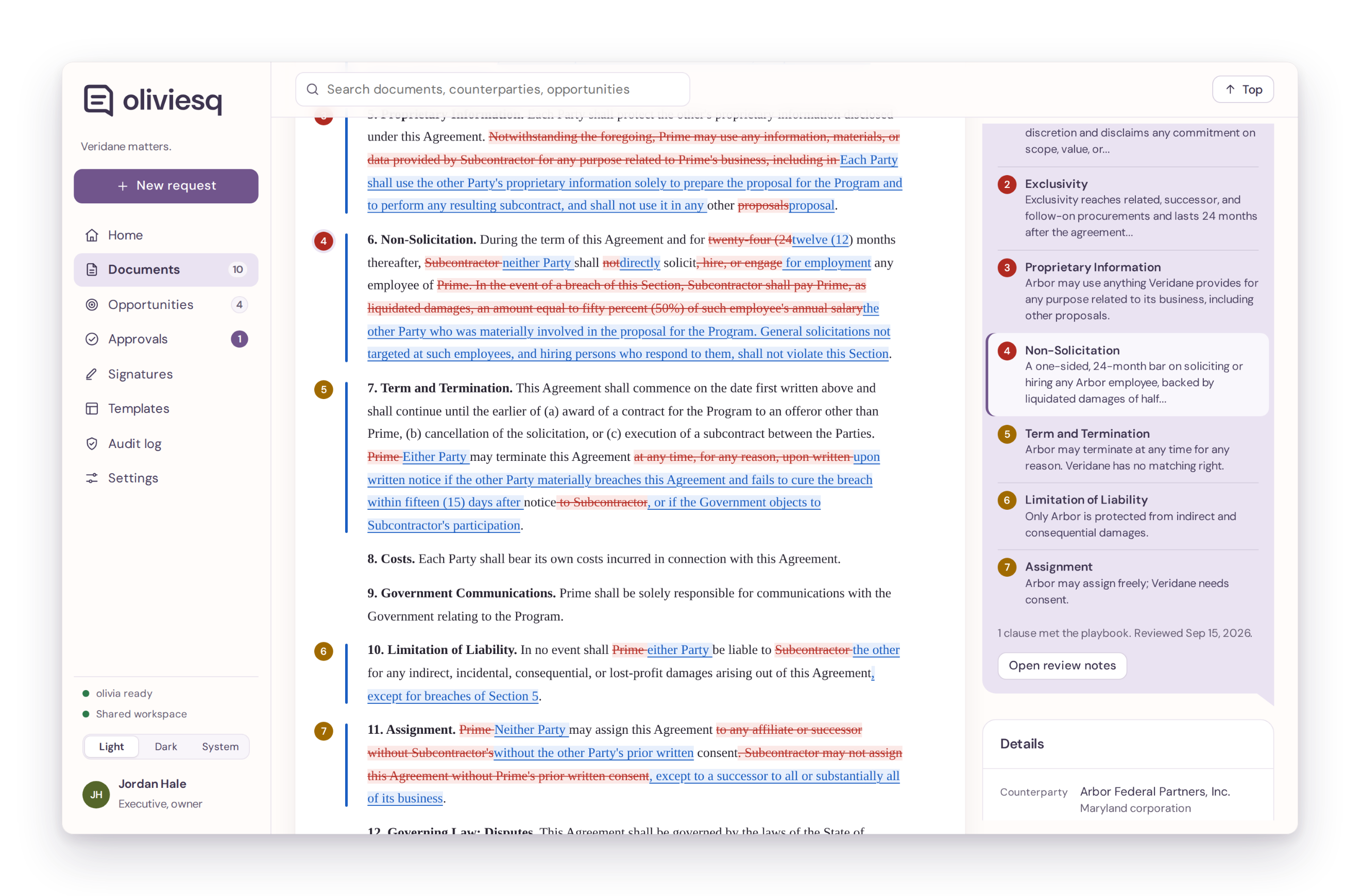 A contract under review with clause ratings and a tracked redline.