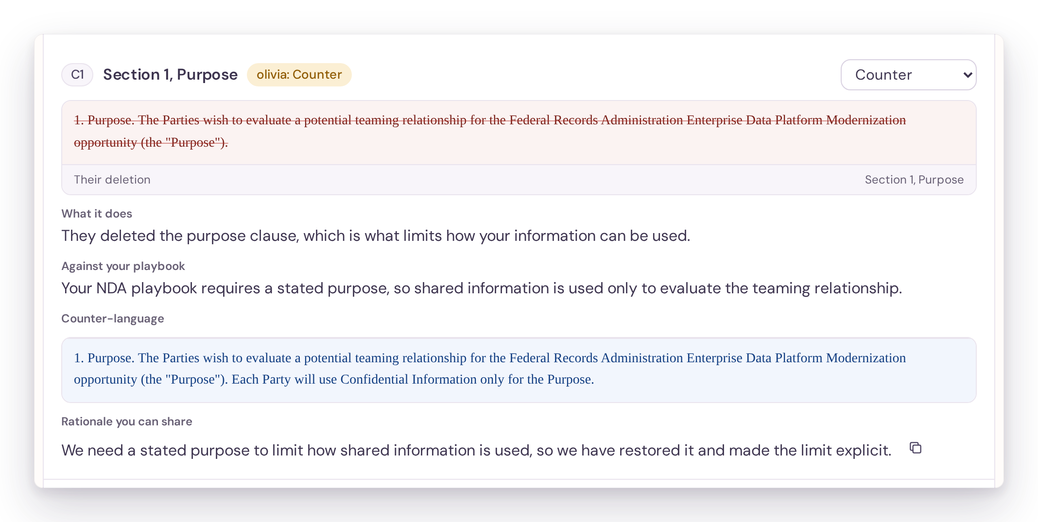 Tracked changes with a recommendation for each.